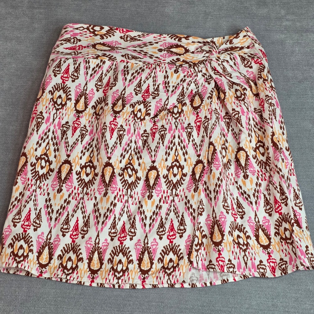 LOFT Ikat Wrap Mini Skirt Womens 4 Pink Orange Linen Blend Boho Draped Knot
